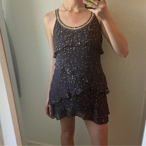 Free people purple ruffle layer dress with gold sparkles